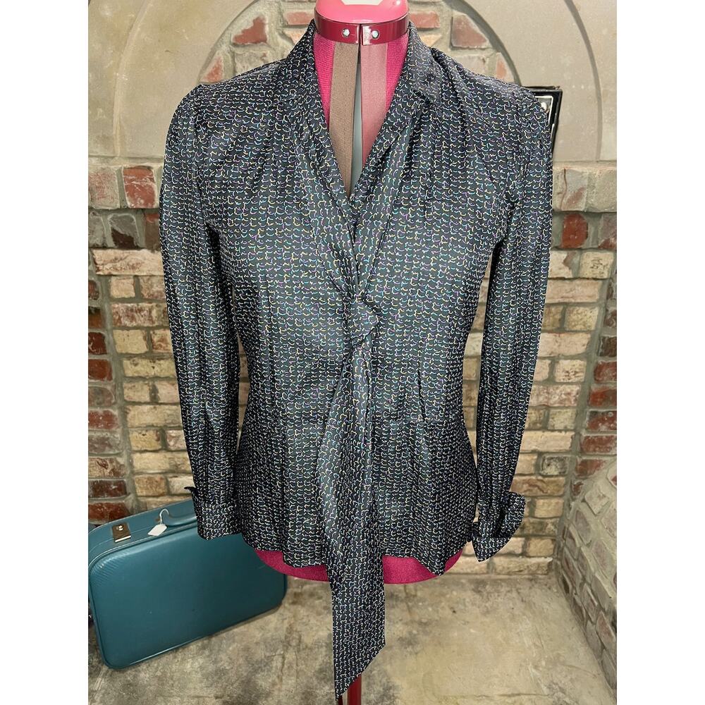 Button Down blouse abstract pattern black blue purple yellow kitten bow